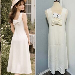 Zara 100% Wool Knit Maxi Dress Cream White Bow Back Sleeveless Sz M Cottagecore